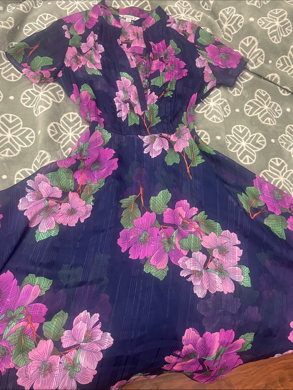 Nanette Lepore Navy Floral Midi Dress with Pink & Green Blooms